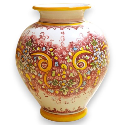 Caltagirone keramikvas, h 32 x Ø 25 cm ca., band- och blomsterdekor, vinröd bakgrund