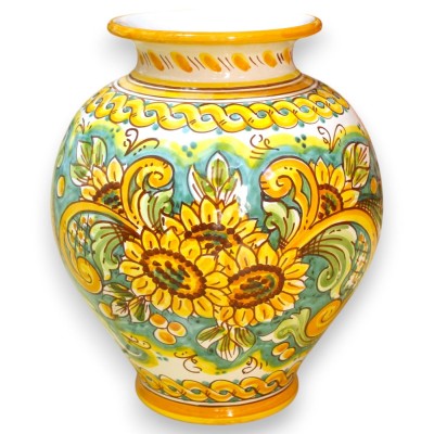 Vaso a Boccia, h 32 x Ø 25 cm ca. ceramica Caltagirone, decoro Treccia e Girasoli, fondo verde
