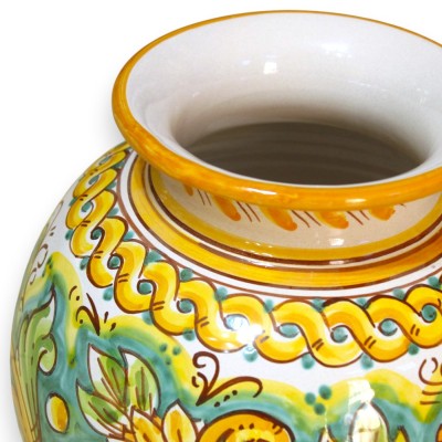 Vaso a Boccia, h 32 x Ø 25 cm ca. ceramica Caltagirone, decoro Treccia e Girasoli, fondo verde