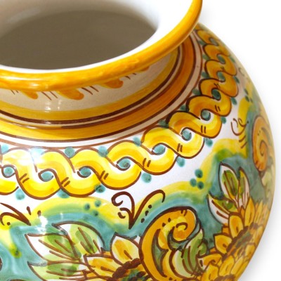 Vaso a Boccia, h 32 x Ø 25 cm ca. ceramica Caltagirone, decoro Treccia e Girasoli, fondo verde