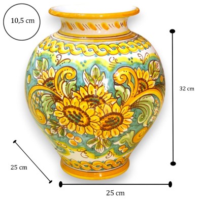 Vaso a Boccia, h 32 x Ø 25 cm ca. ceramica Caltagirone, decoro Treccia e Girasoli, fondo verde