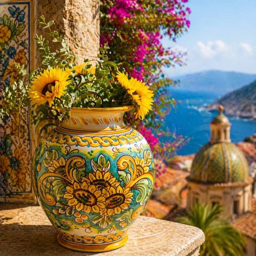 Caltagirone keramikvas, h 32 x Ø 25 cm ca., med flätad... 2