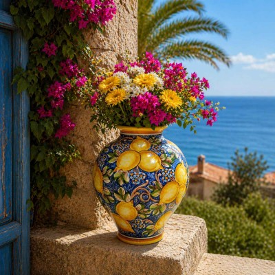 Caltagirone keramische bolvaas, ca. h 40 x Ø 30 cm, versierd met citroenen en bloemen op een blauwe achtergrond.