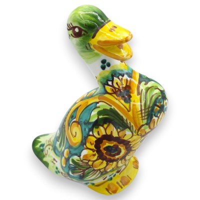 Caltagirone ceramic duck, approx. 18 x 10 cm, Baroque and Sunflower decoration, green background