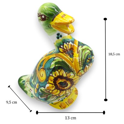 Keramikente aus Caltagirone, ca. 18 x 10 cm, Barock- und Sonnenblumendekor, grüner Hintergrund