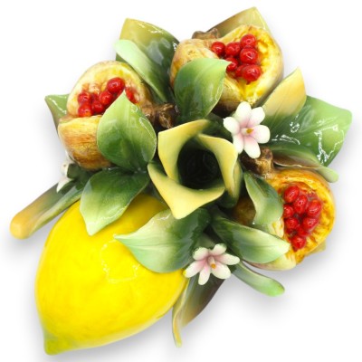 Porta Candela composizione frutta in pregiata ceramica, h 11 x L 20 cm ca. Limoni, melograno e fiori di zagara