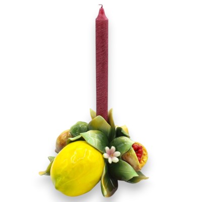 Fruit arrangement candle holder in fine ceramic, approx. 11 x 20 cm high. Lemons, pomegranate, and orange blossoms.