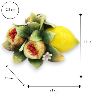 Porta Candela composizione frutta in pregiata ceramica, h 11 x L 20 cm ca. Limoni, melograno e fiori di zagara