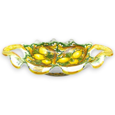 Grand centre de table, céramique de Caltagirone, env. 47 x 40 cm. Décor festonné, baroque et citronné, fond vert.