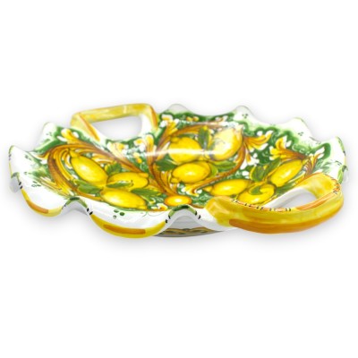 Large centerpiece, Caltagirone ceramic, approx. 47 x 40 cm. Scalloped, baroque and lemon decoration, green background.