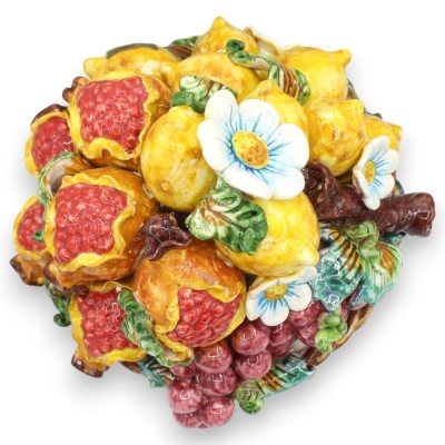 Cesto Caravaggio Centrotavola, ceramica Caltagirone, h 23 x l 23 cm ca. composizione applicazioni frutta mista e fiori