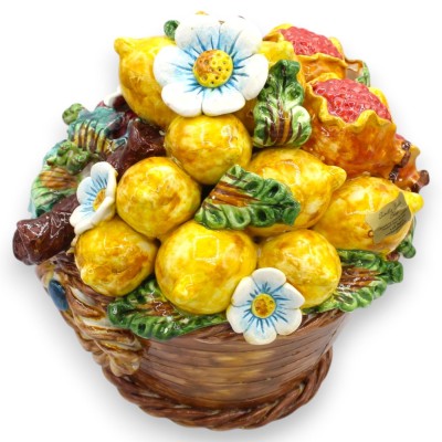 Cesto Caravaggio Centrotavola, ceramica Caltagirone, h 23 x l 23 cm ca. composizione applicazioni frutta mista e fiori