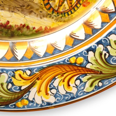 Talerz ozdobny z rantem, ceramika z Caltagirone, Ø ok. 55 cm. Dekoracja w kształcie wózka sycylijskiego w stylu baroku sycylijsk