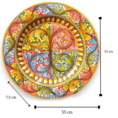 Ornamentaler Teller mit Rand, Caltagirone-Keramik, Ø ca. 55 cm, reich verzierter barocker, mehrfarbiger Dekor