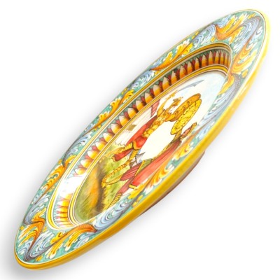 Ornamental rimmed plate, Caltagirone ceramic, Ø 55 cm approx., decorated with a Saracen Battle Scene.