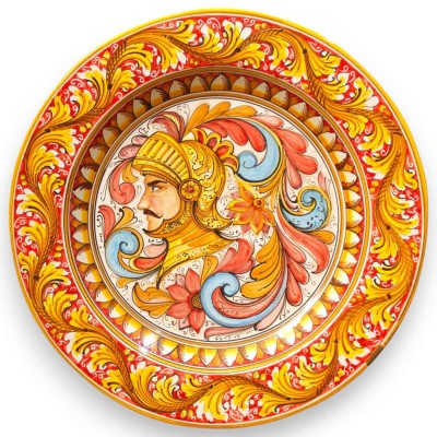 Ornamentaler Teller mit Rand, Caltagirone-Keramik, Ø ca. 55 cm. Paladinbüste und barocke Verzierung.