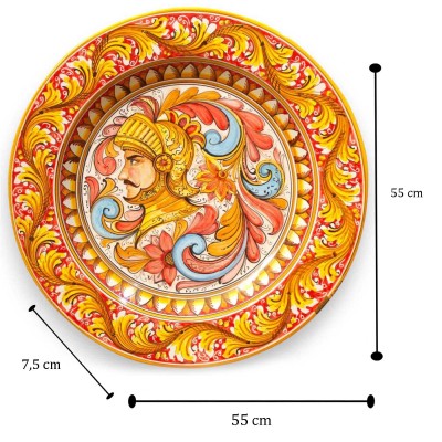 Ornamentaler Teller mit Rand, Caltagirone-Keramik, Ø ca. 55 cm. Paladinbüste und barocke Verzierung.