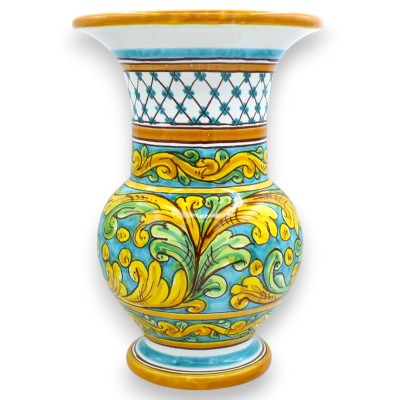 Caltagirone keramische bloemenvaas met lange hals, ca. 30 x Ø 20 cm, barokke decoratie op een groene achtergrond