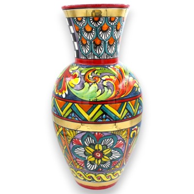 Jarrón de cuello alto, cerámica de Caltagirone, 40 x 20 cm. Serie ÈLITE, decoración de carro siciliano, esmalte de oro puro de 2