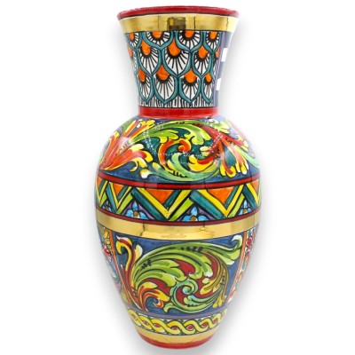 Jarrón de cuello alto, cerámica de Caltagirone, 40 x 20 cm. Serie ÈLITE, decoración de carro siciliano, esmalte de oro puro de 2