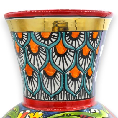 Jarrón de cuello alto, cerámica de Caltagirone, 40 x 20 cm. Serie ÈLITE, decoración de carro siciliano, esmalte de oro puro de 2
