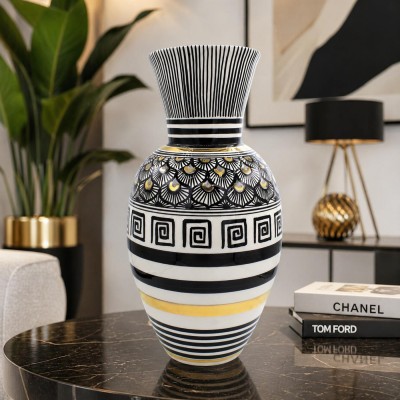 Tall Neck Vase, Caltagirone ceramic, h 40 x 20 ÈLITE Series, Modern Decoration, 24k Pure Gold Enamel