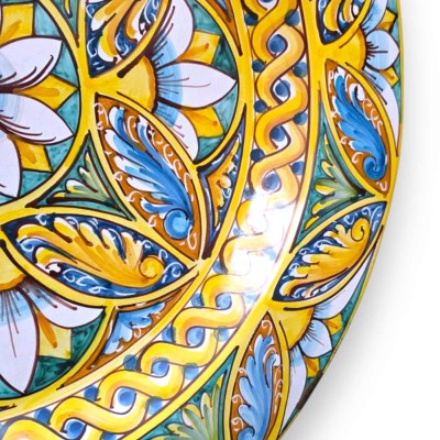 Ornamental rimmed plate, Caltagirone ceramic, approx. Ø 55 cm. Geometric and Baroque decoration with flower.