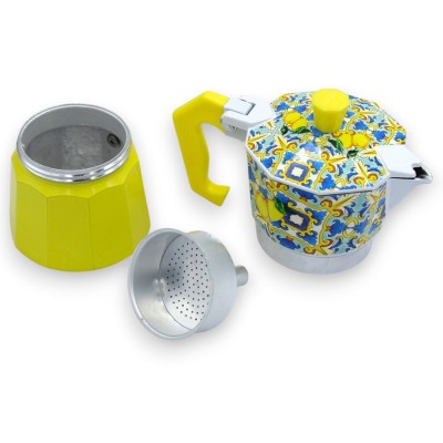 Aluminum Moka Pot, Coffee Maker for 2 Cups of Italian Coffee, 2 Color Options (1 Unit) Random Sicilian Decoration, Made in Italy