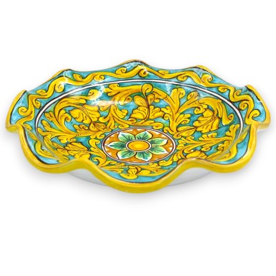 Centre de table en céramique de Caltagirone festonné, disponible en 2 tailles (1 unité), décor baroque avec palmettes et fleurs.