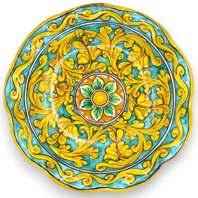 Centre de table en céramique de Caltagirone festonné, disponible en 2 tailles (1 unité), décor baroque avec palmettes et fleurs.