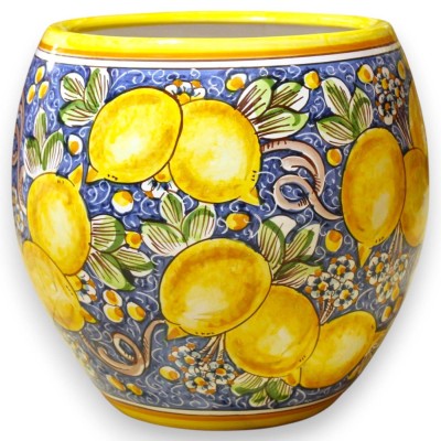 Cachepot Vase with Wide Mouth, Modern Line, Caltagirone Ceramic, Ø 30 cm approx., Lemon and Leaf Decoration, Blue Background