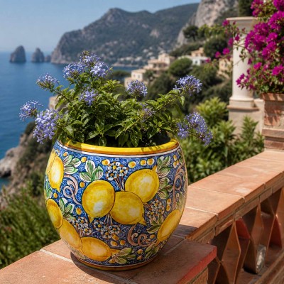 Vaso cachepot com boca larga, linha moderna, cerâmica Caltagirone, Ø 30 cm aprox., decoração de limão e folha, fundo azul.