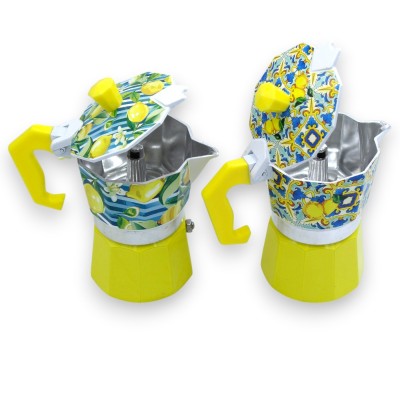 Aluminum Moka Pot, Coffee Maker for 2 Cups of Italian Coffee, 2 Color Options (1 Unit) Random Sicilian Decoration, Made in Italy