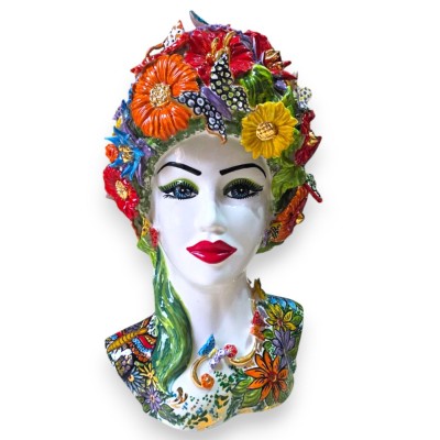 Busto de mujer, modelo primaveral, cerámica de Caltagirone, aprox. 50 x 32 cm. Esmalte en oro de 24 quilates, con aplicaciones d