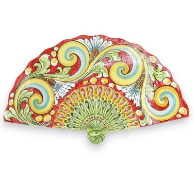 Ventaglio decorativo da appendere, in ceramica Caltagirone, 2 Misure (1Unità) Decoro Barocco, fondo rosso