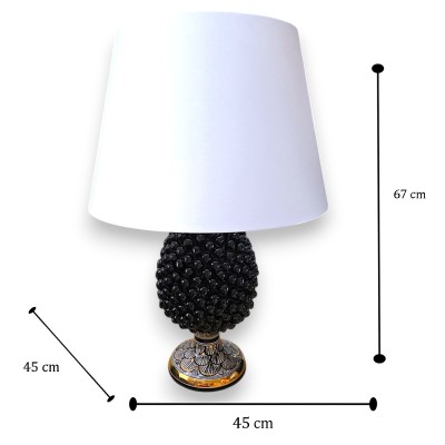 Pinecone Lampe Caltagirone, ca. 65 cm hoch, Serie ÈLITE, Schwarz mit Pfauenstiel, modernes Design, 24 Karat reines Goldemaille