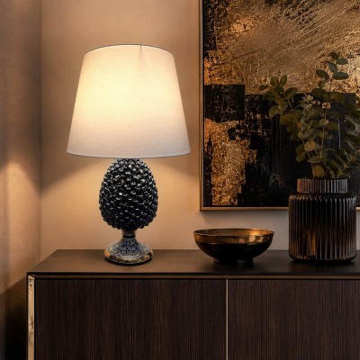 Pinecone Lampe Caltagirone, ca. 65 cm hoch, Serie ÈLITE, Schwarz mit Pfauenstiel, modernes Design, 24 Karat reines Goldemaille