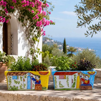 Jarrón rectangular, cerámica fina siciliana, 30 x 16 x 15 cm aprox. (1 unidad) 2 opciones de decoración