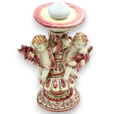 Bougeoir en céramique de Caltagirone orné de chérubins - environ 23 cm de haut, bordeaux, avec une grappe de raisin et des citro