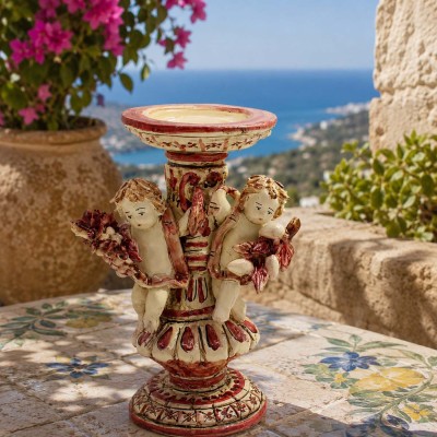 Bougeoir en céramique de Caltagirone orné de chérubins - environ 23 cm de haut, bordeaux, avec une grappe de raisin et des citro