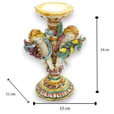 Candelabro de cerámica de Caltagirone con querubines - aprox. 23 x 15 cm. Querubines con un racimo de limones y uvas.