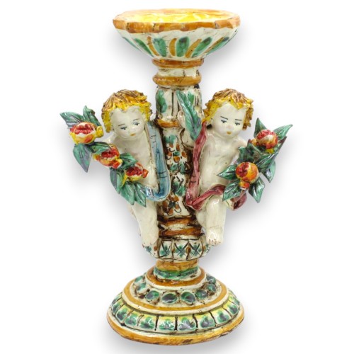 Porta candela con putti in ceramica Caltagirone - h 23 x...