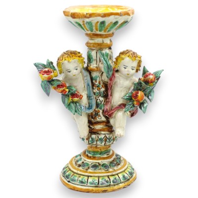 Porta candela con putti in ceramica Caltagirone - h 23 x 15 cm ca. Putti con fascio di Melograni