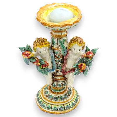 Porta candela con putti in ceramica Caltagirone - h 23 x 15 cm ca. Putti con fascio di Melograni