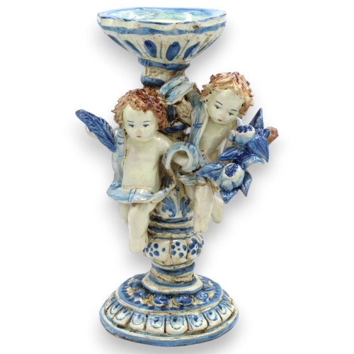 Porta candela con putti in ceramica Caltagirone - h 23 x...