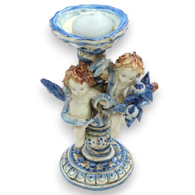 Porta candela con putti in ceramica Caltagirone - h 23 x 15 cm ca. Blu Antico, Putti fascio Melograni e Piuma