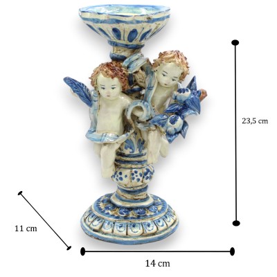 Caltagirone ceramic candle holder with cherubs - approx. 23 x 15 cm. Antique Blue, cherubs with a bundle of pomegranates and a f