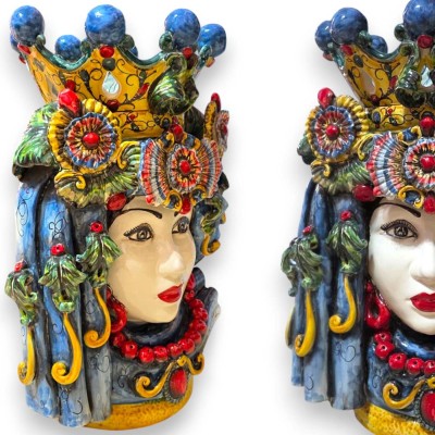 Têtes mauresques siciliennes, env. 50 x 35 cm (paire), céramique de Caltagirone, modèle « Gli Imperiali »