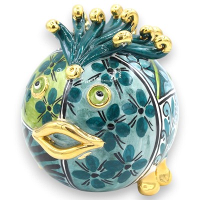 Peixe-balão de cerâmica Caltagirone, aproximadamente 15 x 17 cm. Ouro 24k, esmalte verde-azulado e verde, design moderno.