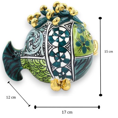 Poisson-globe en céramique de Caltagirone, env. 15 x 17 cm. Or 24 carats, émail turquoise et vert, design moderne.